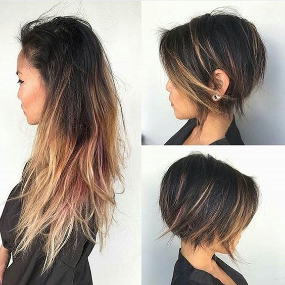 Antes e depois cabelos longos para os cabelos curtos asiáticas