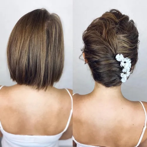 Antes e depois de penteado para festas e madrinhas para cabelos curtos chanel