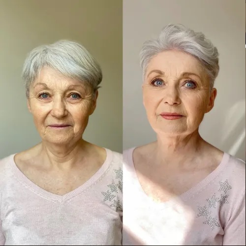 Antes e depois cabelo curto feminino grisalho.